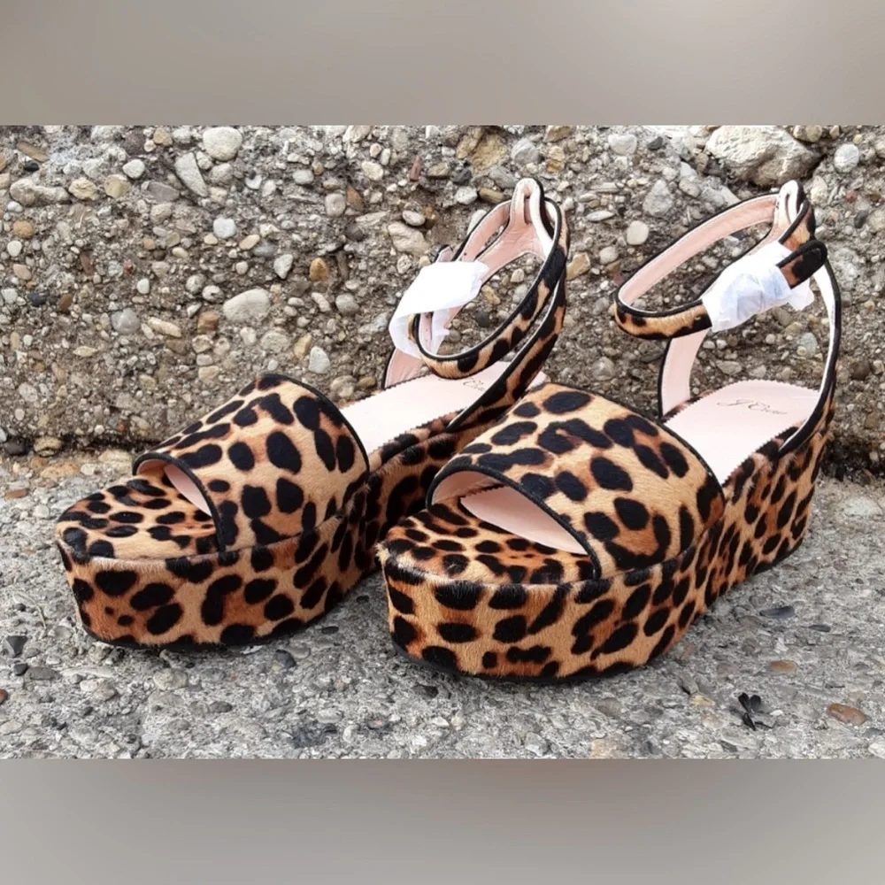 J.‎ Crew NWT Calf Hair Leopard Print Platform Flatform Sandals